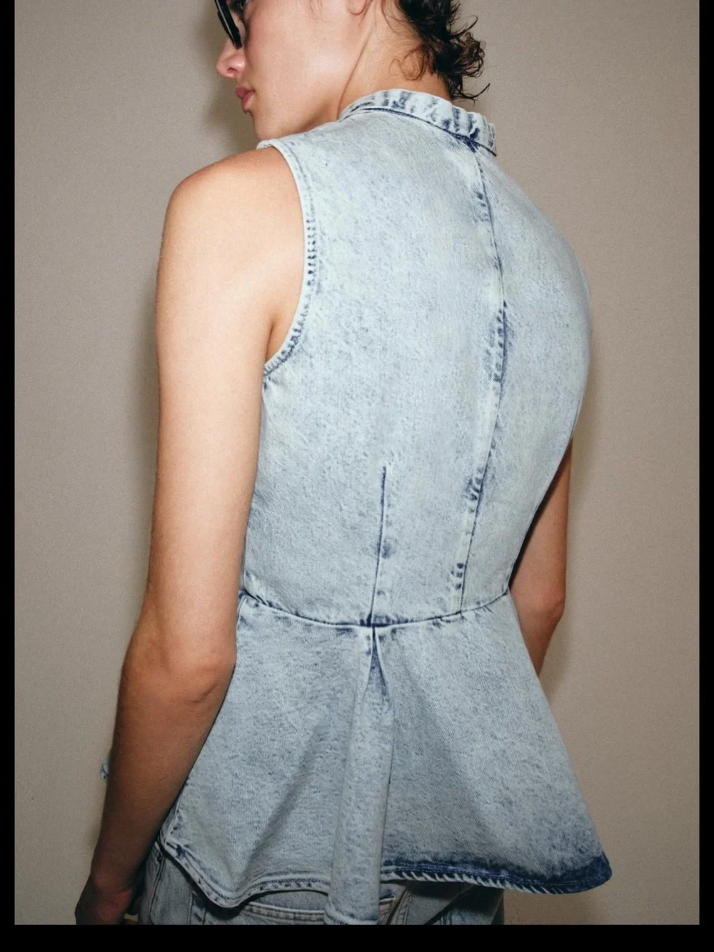 Zara Light Blue Denim Peplum Top with Black Frog Closures
